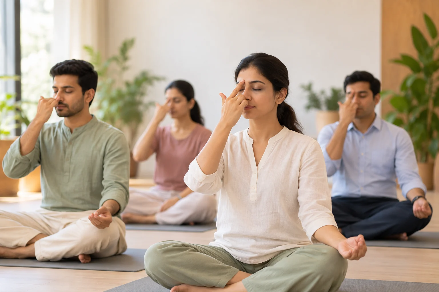 Group practising alternate nostril breathing